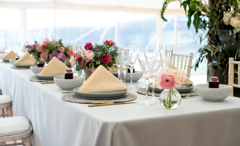 Cornfield Gold napkins with Pebble Grey table cloths