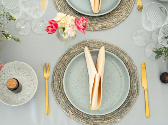 Cornfield Gold napkins with Pebble Grey table cloths